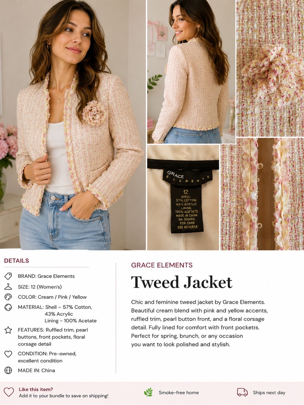 Grace Cream Tweed Blazer with Pink & Yellow Accents